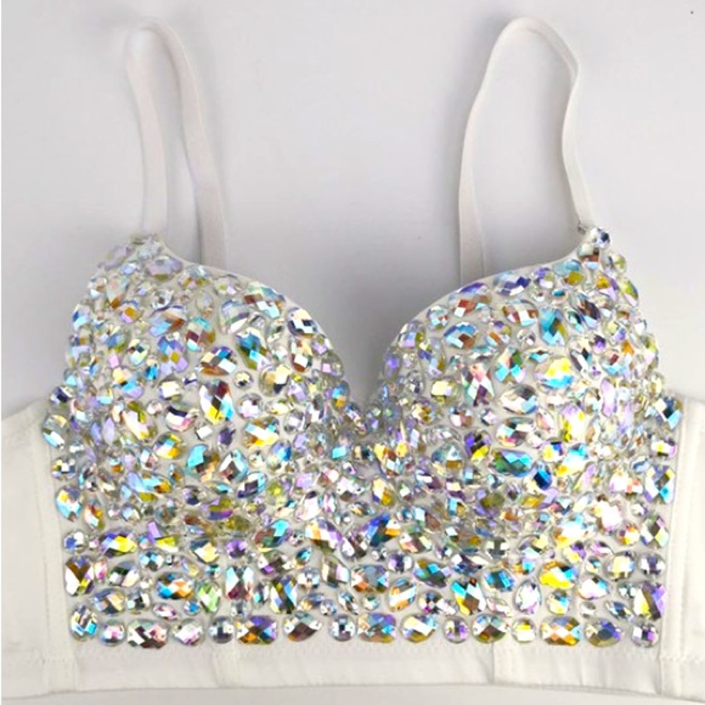 XS Absolutely Stunning White AB Embellished Gem Stone Beaded Bustier Corset Top - Picture 1 of 9